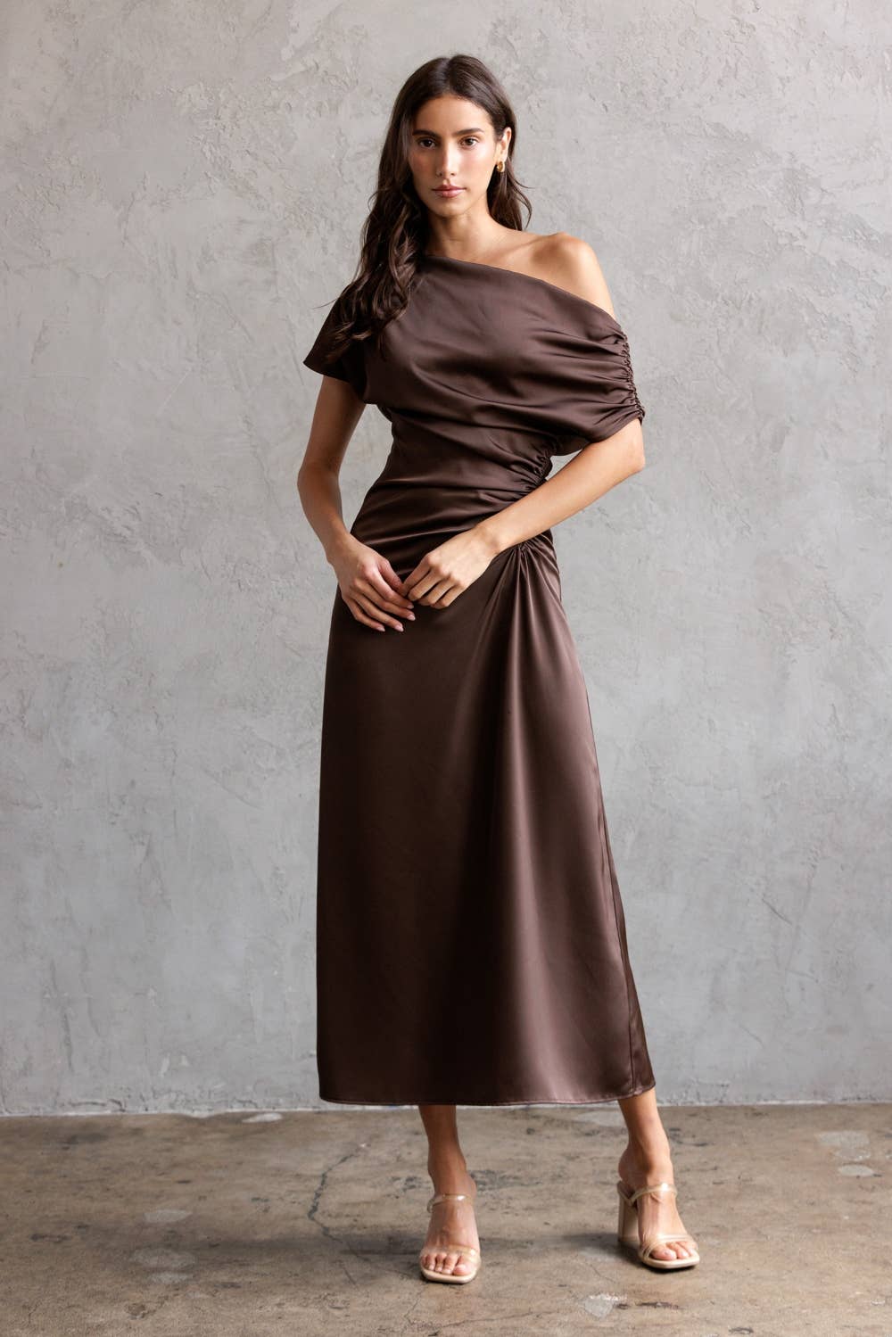 One Shoulder Ruched Midi Dress