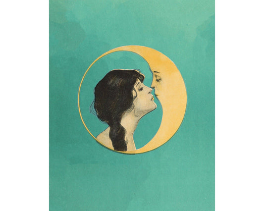 Vintage Art Print Woman kissing the moon
