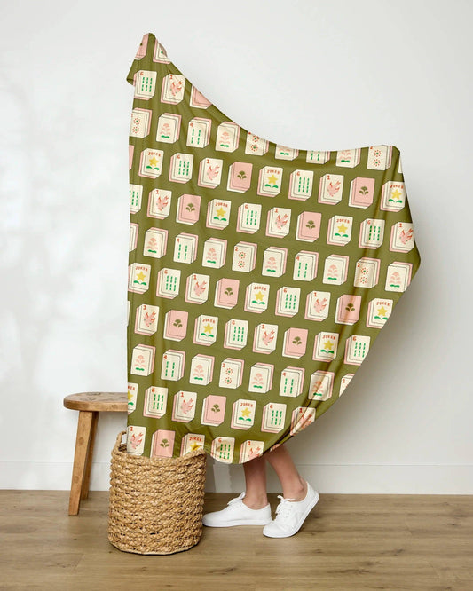 Geometry Flower Tiles Green Butter Blanket - Mahjong