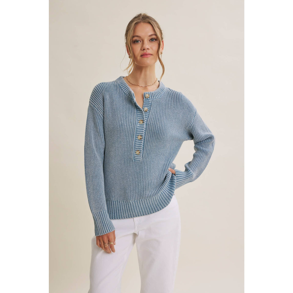 Mineral-Washed Henley Sweater Pullover