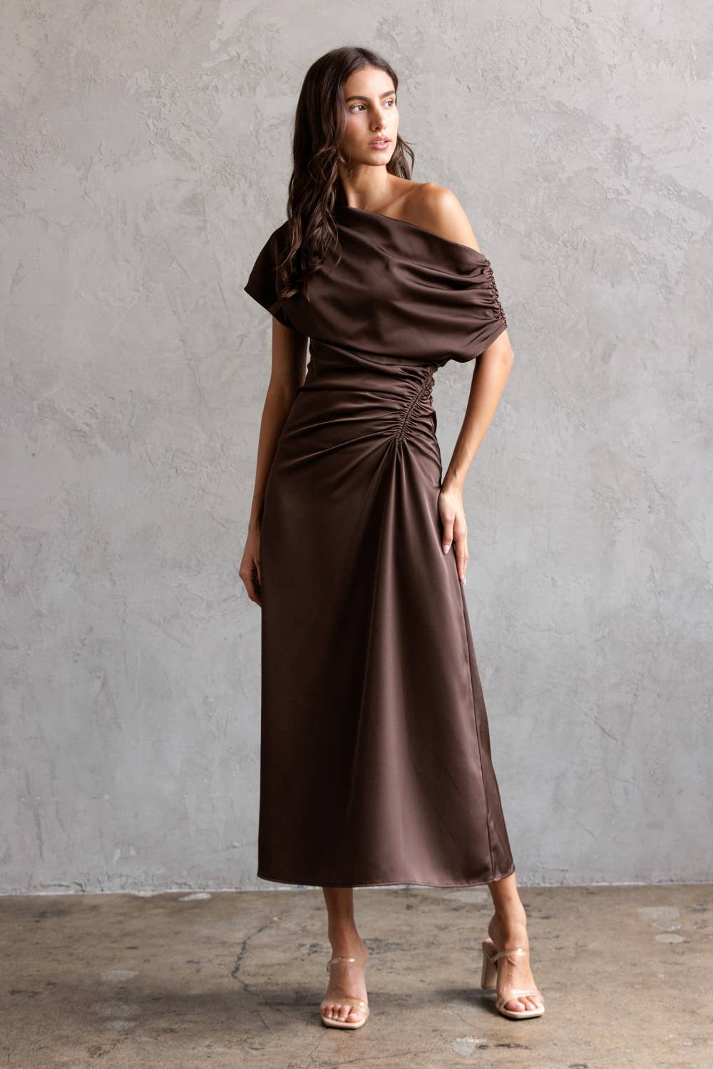 One Shoulder Ruched Midi Dress