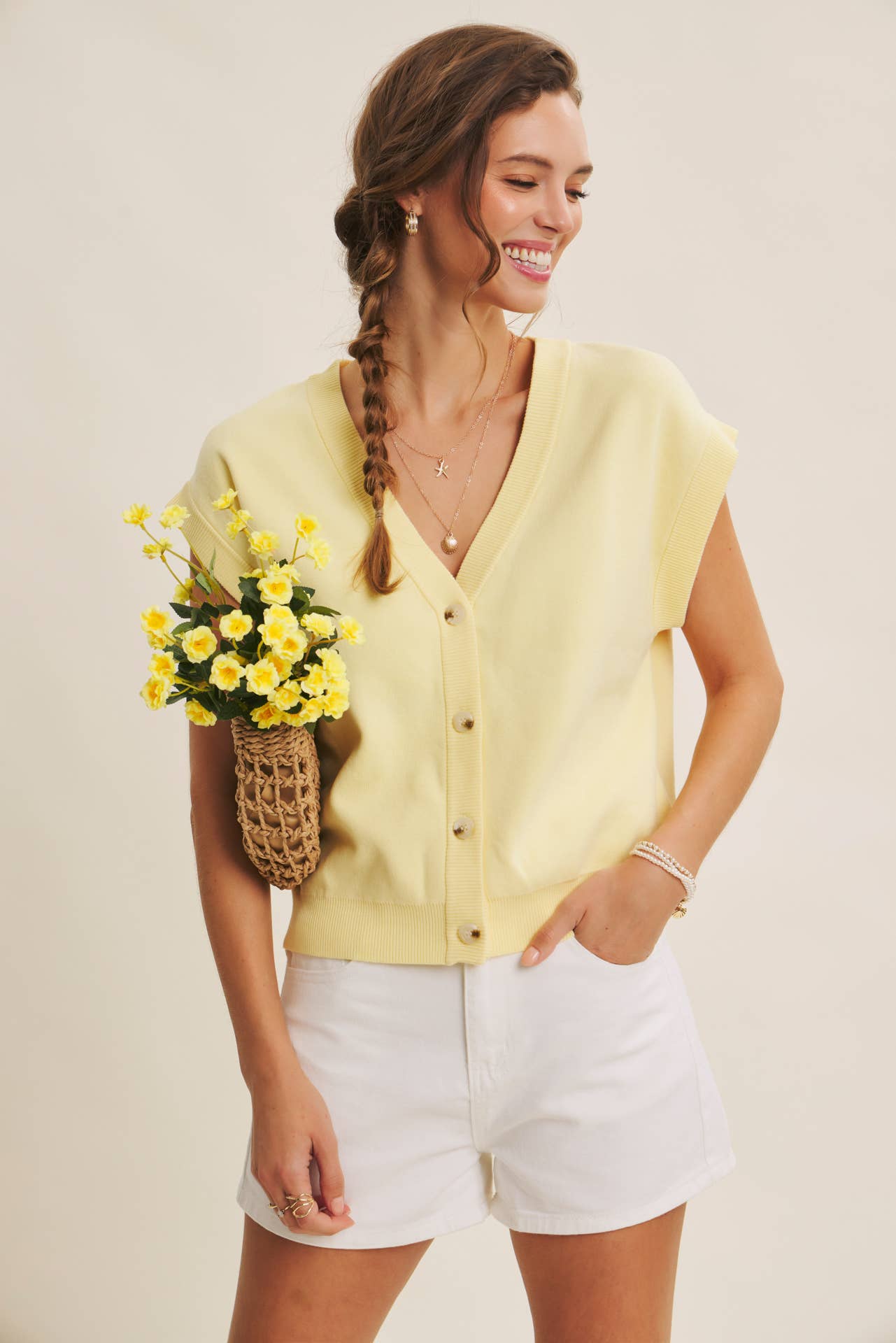 Soft Banana Button Down Sweater Top
