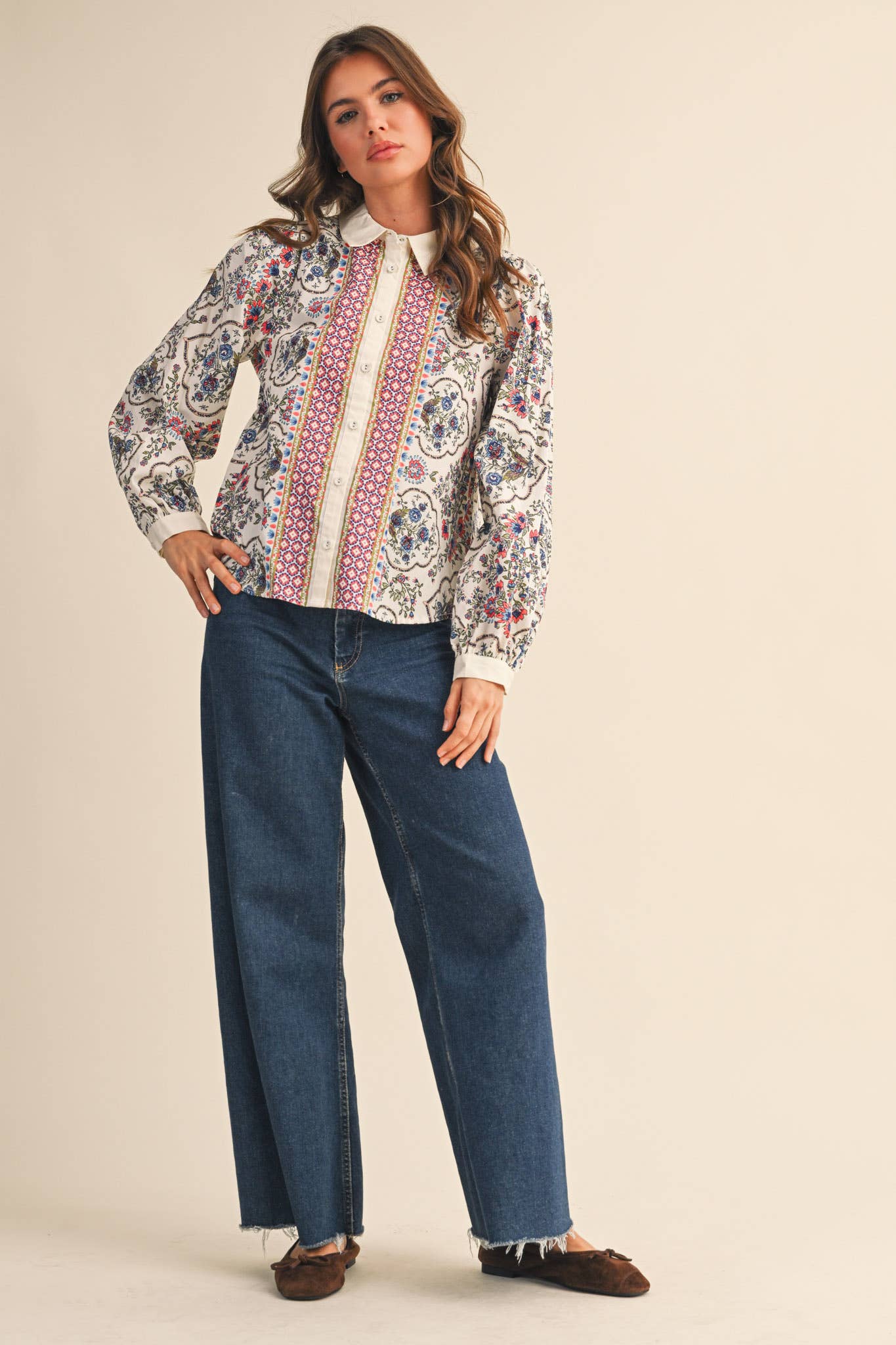 Floral Border Button Up Blouse