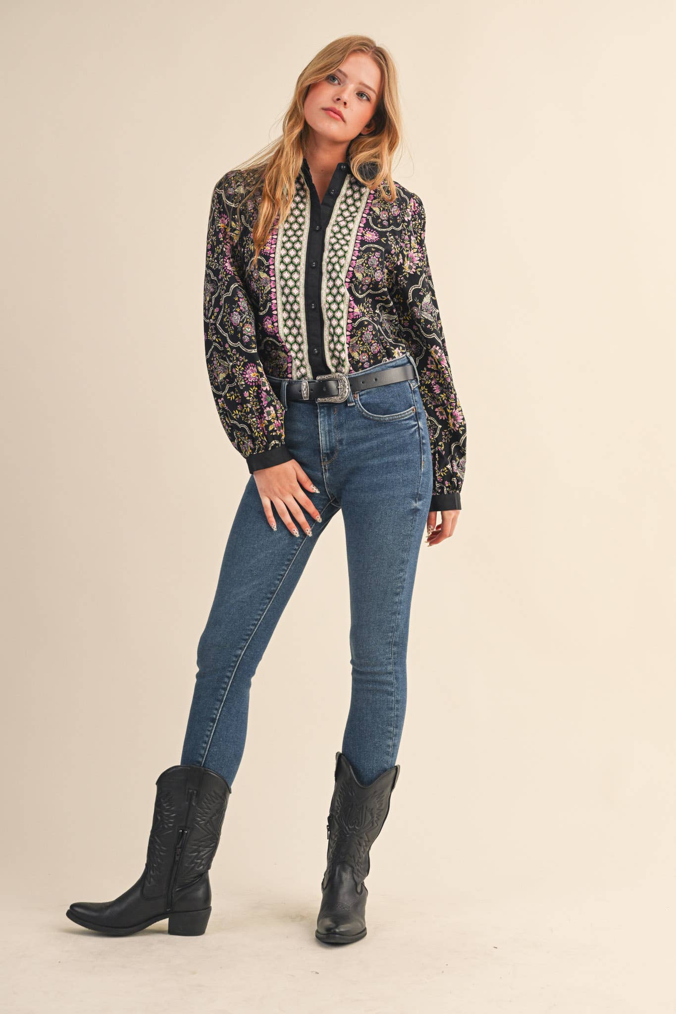 Floral Border Button Up Blouse