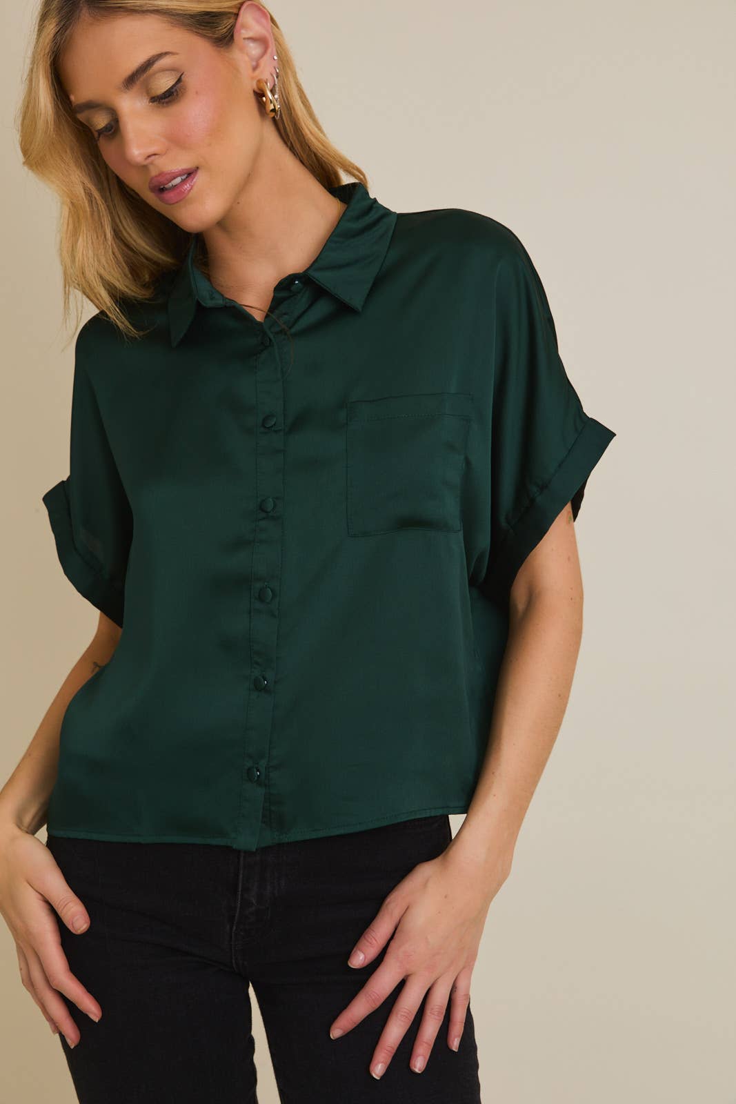 Emerald Satin Button Down Blouse
