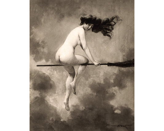 Witch on her broom | Vintage nude woman print | Albert Josep