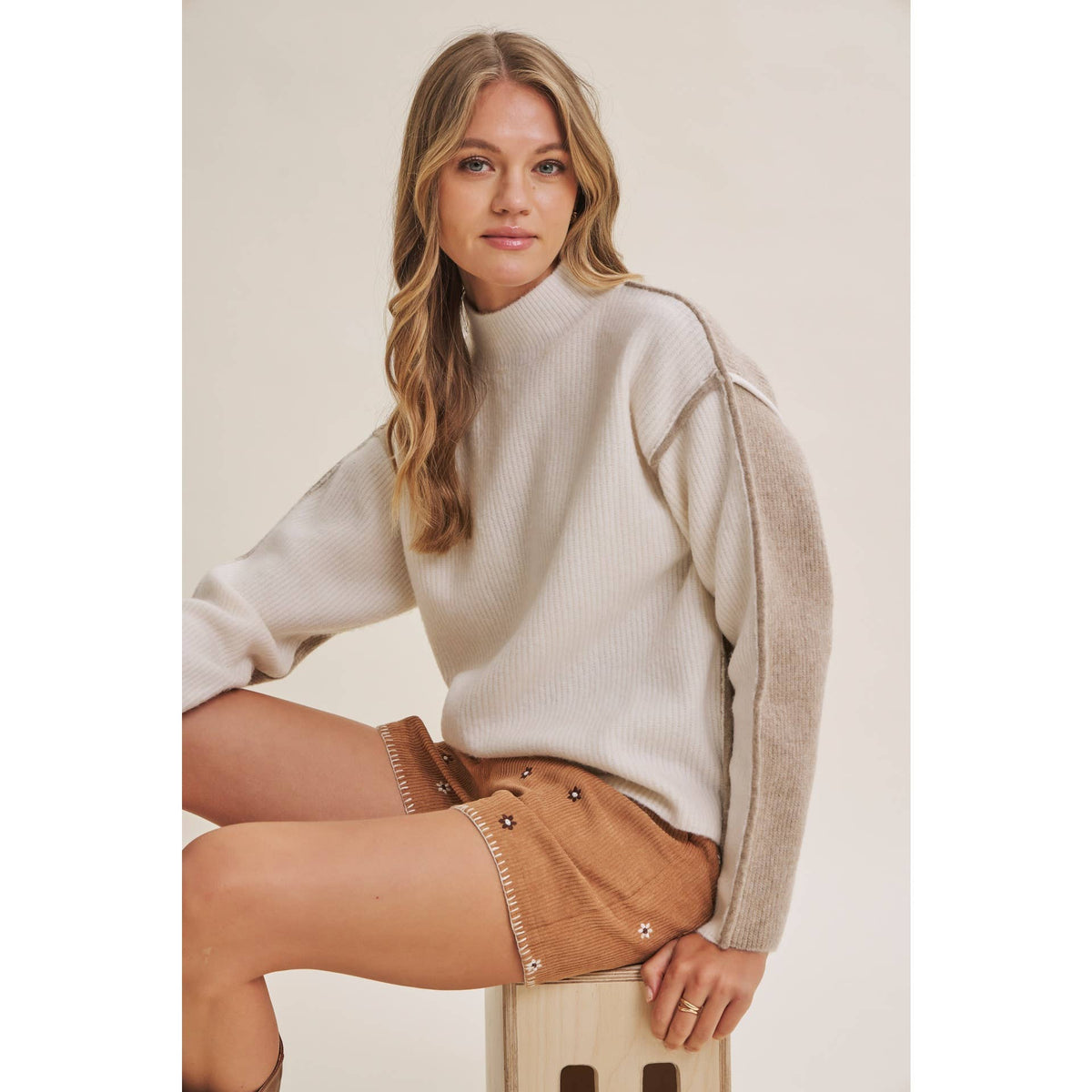 Latte Color Block Mock Neck Sweater