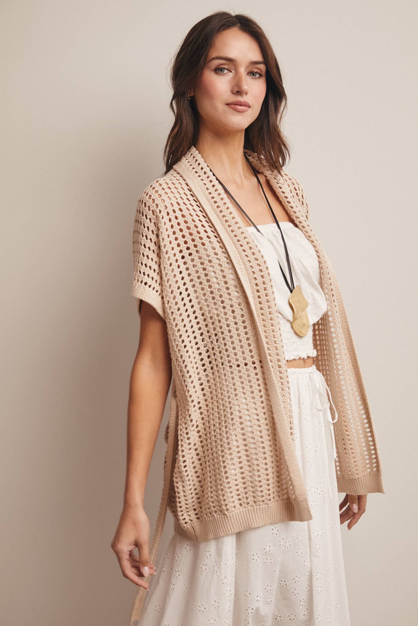 Beige Breeze Open Knit Belted Cardigan