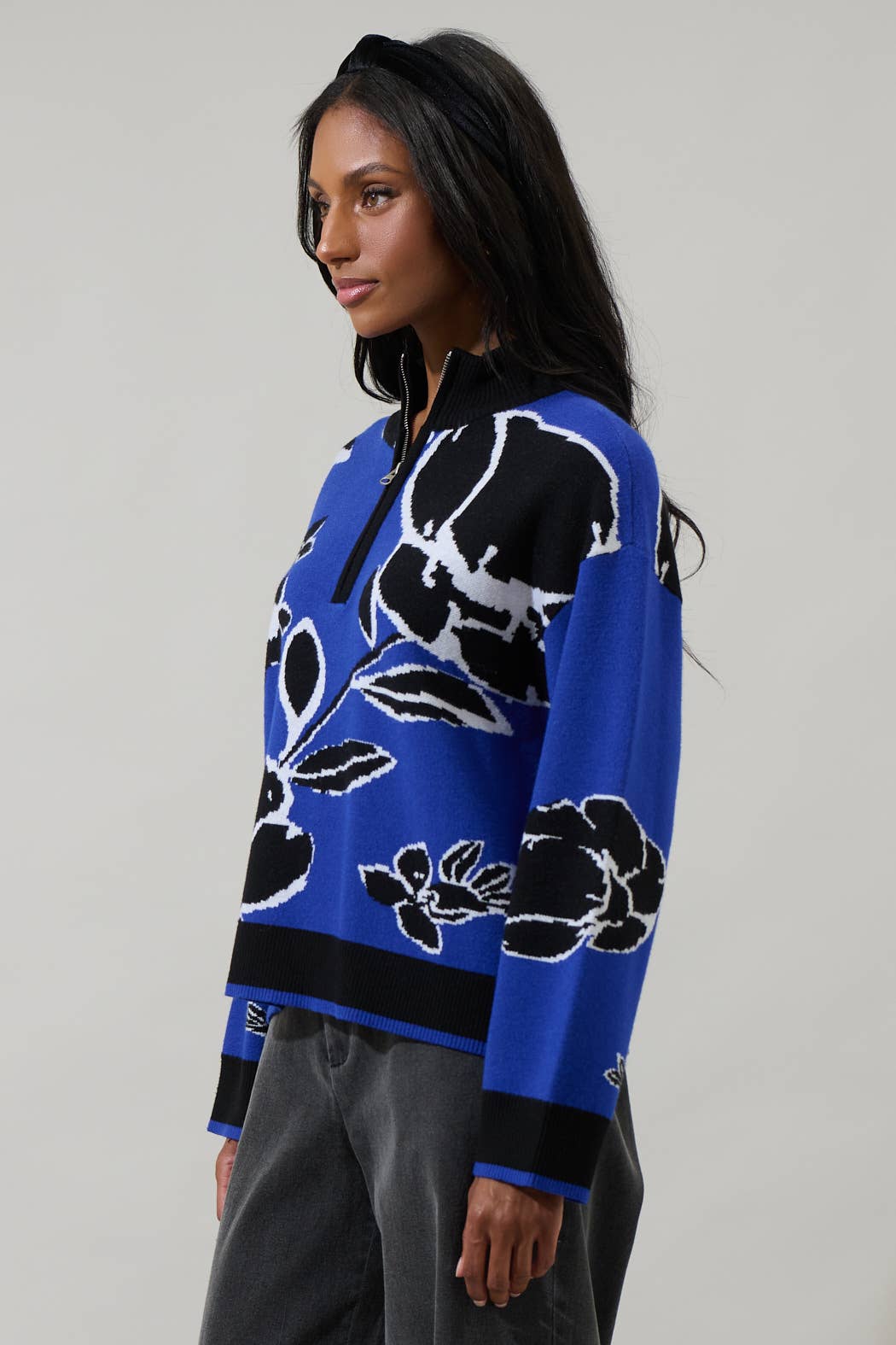 Cobalt Floral Zip Up Sweater
