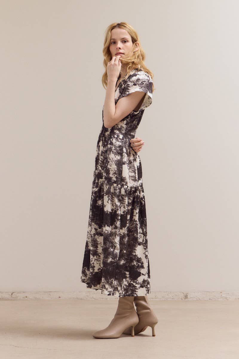 Printed Ruffle Satin Midi Dress