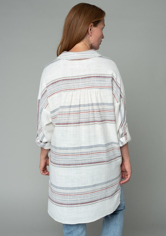 Linen Blend Striped Collared Tunic
