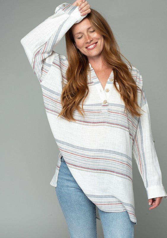 Linen Blend Striped Collared Tunic