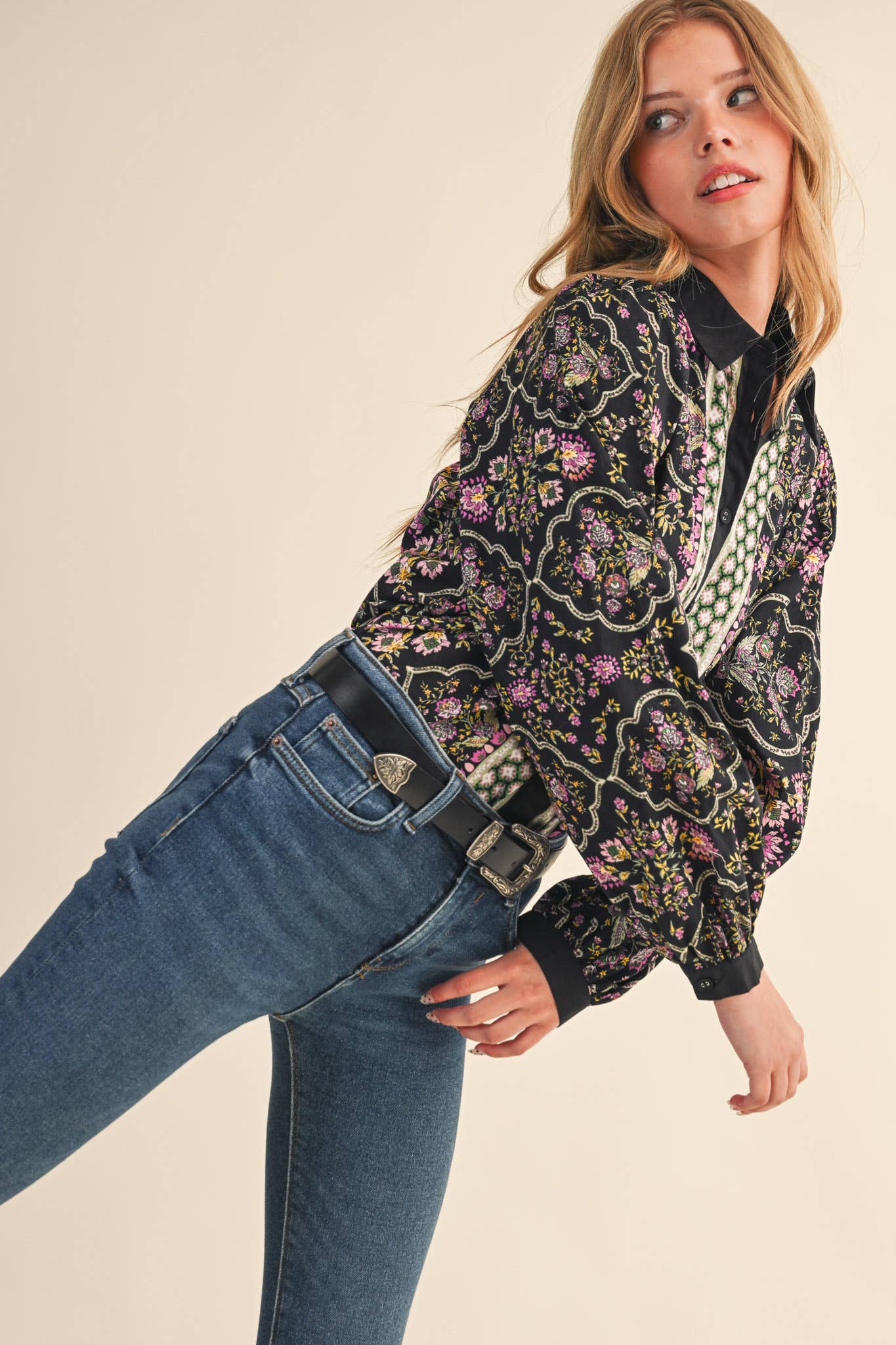 Floral Border Button Up Blouse