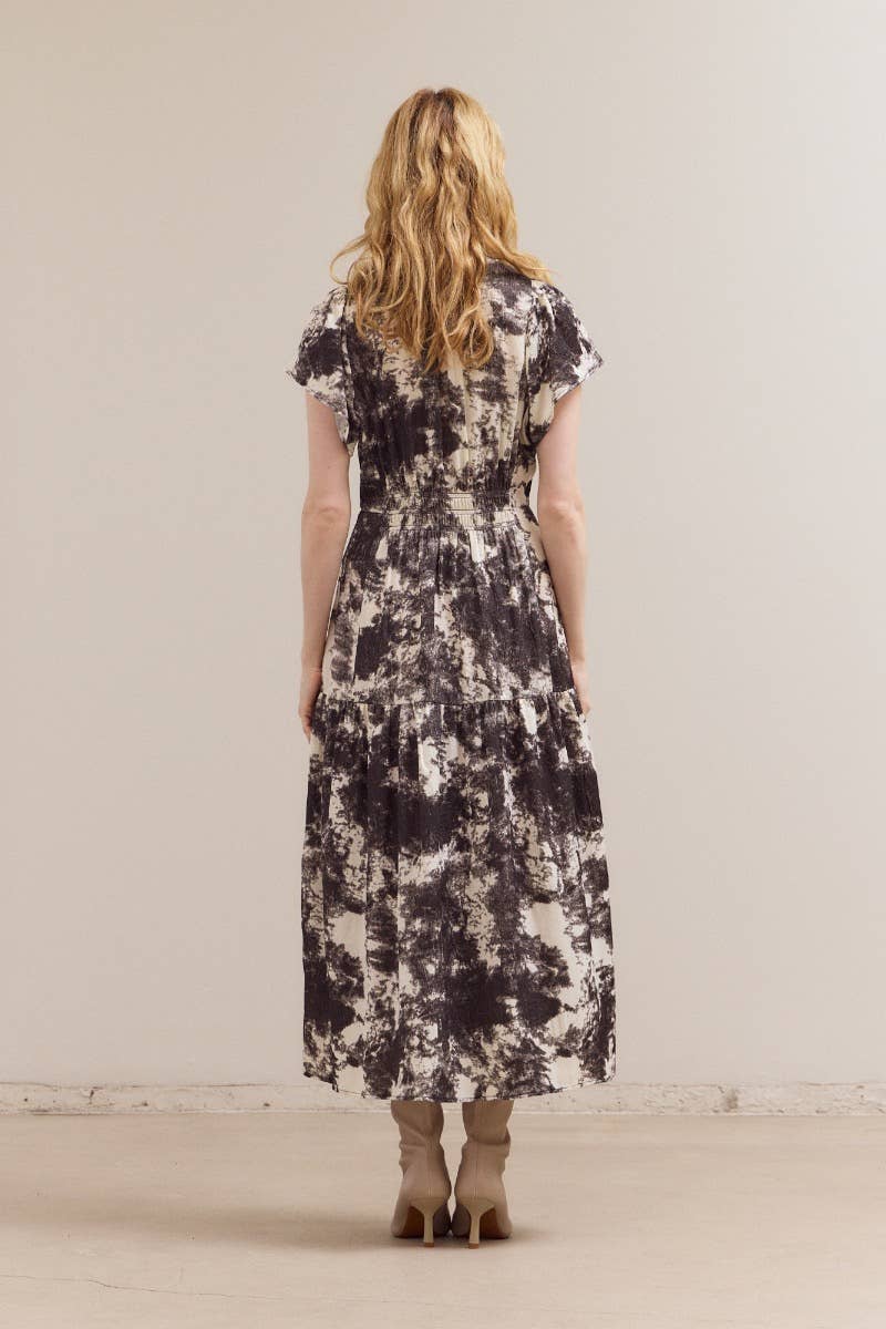 Printed Ruffle Satin Midi Dress