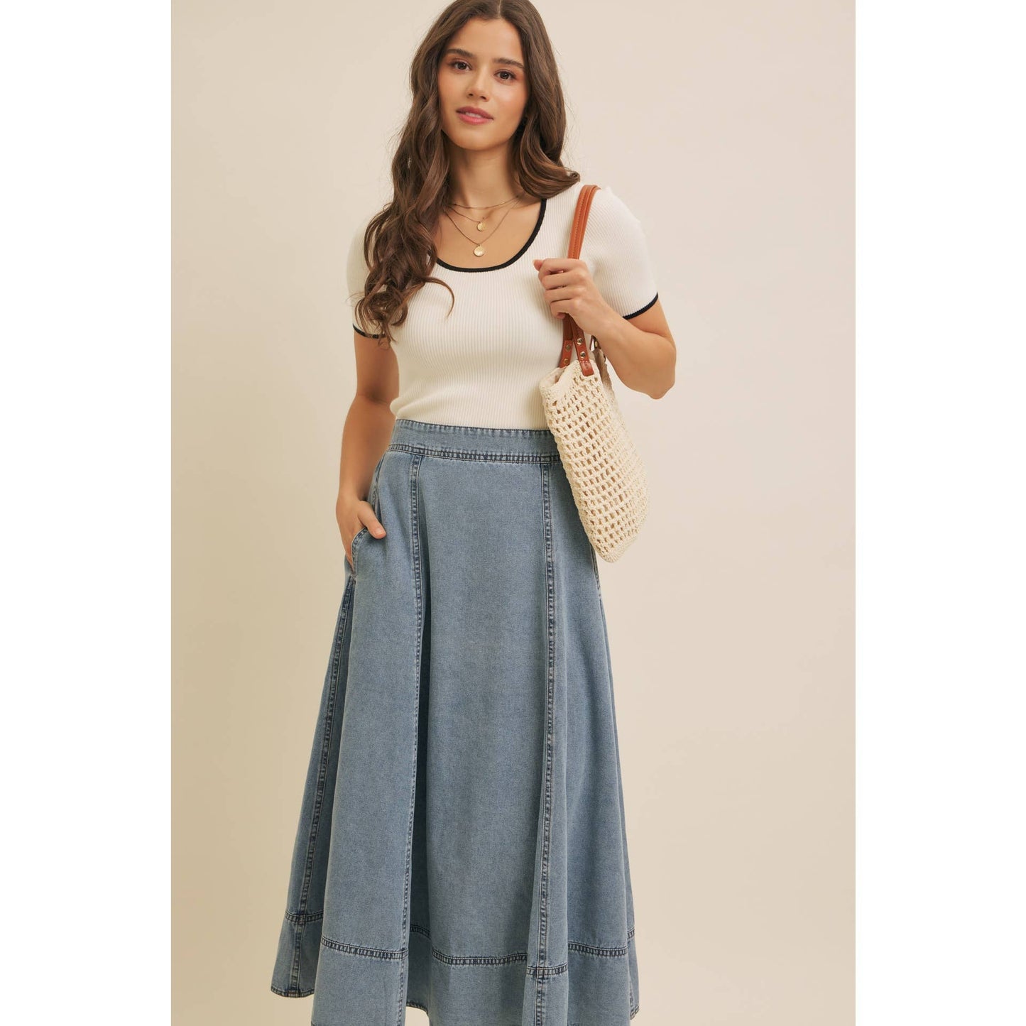 Stitched Denim Midi Skirt