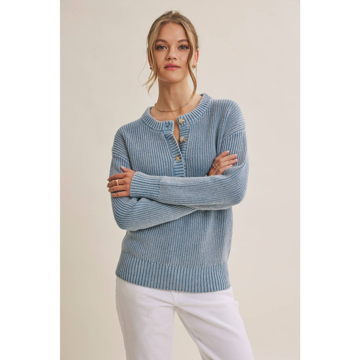 Mineral-Washed Henley Sweater Pullover