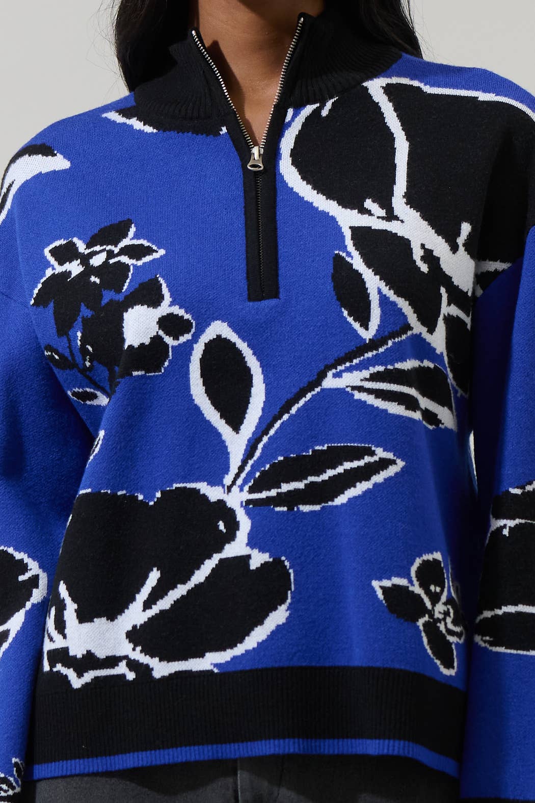 Cobalt Floral Zip Up Sweater