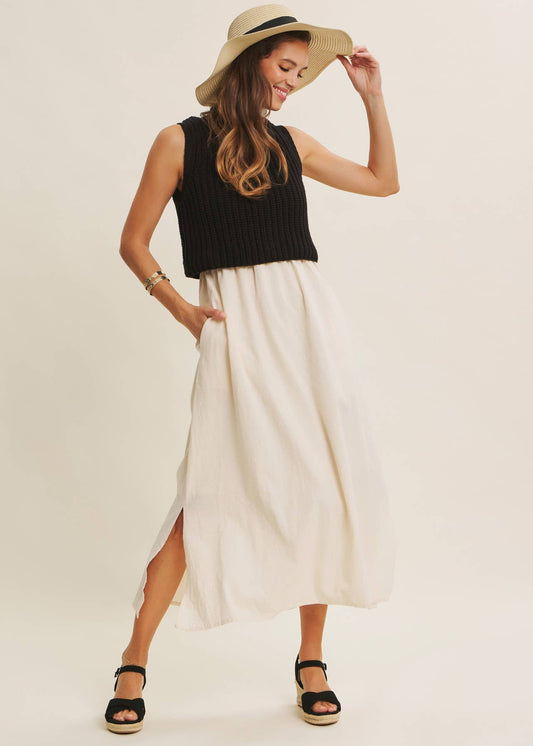Sweater Knit Contrast Woven Skirt Dress