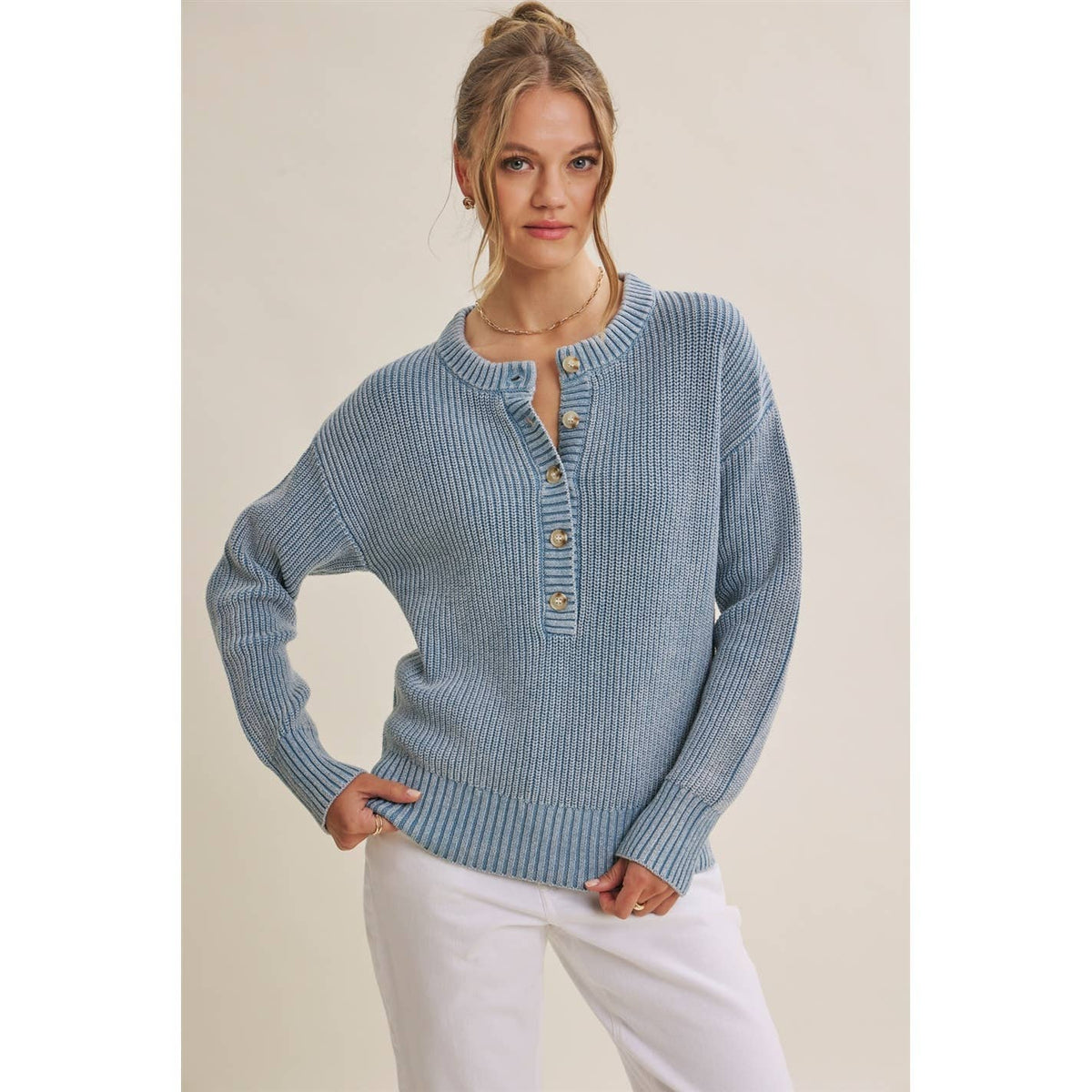 Mineral-Washed Henley Sweater Pullover