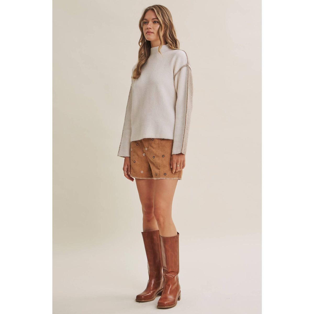 Latte Color Block Mock Neck Sweater