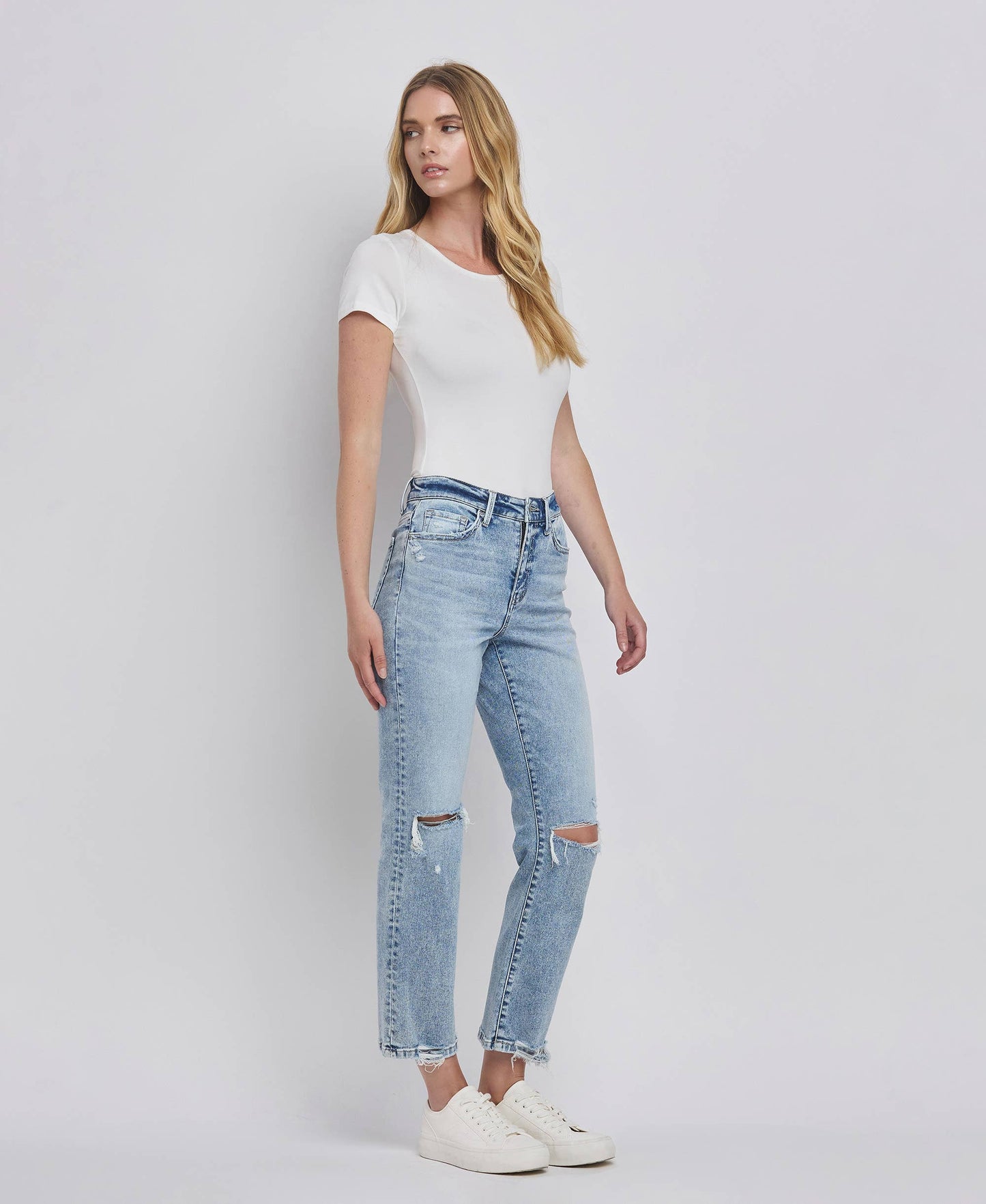 High Rise Distressed Crop Straight Jeans