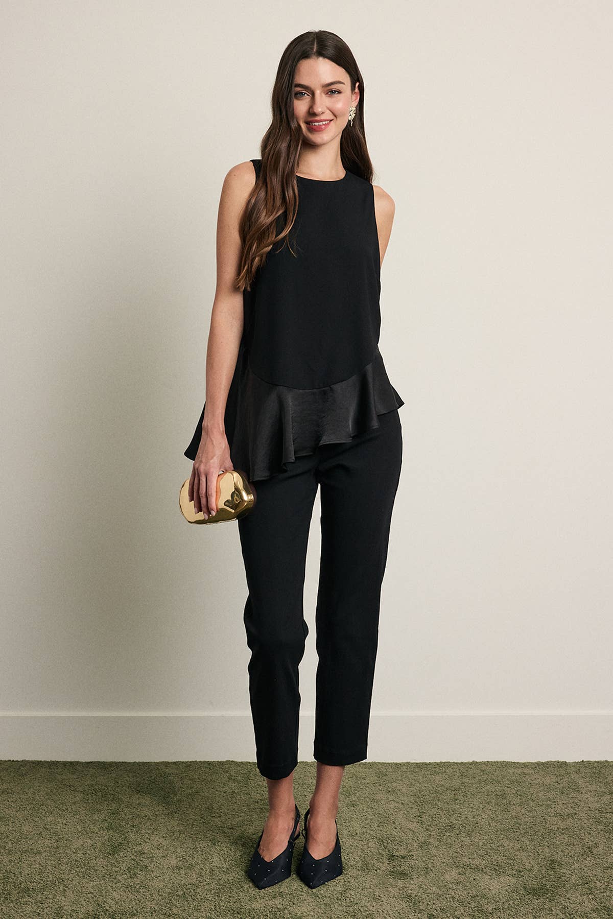 Asymmetrical Satin Ruffle Hem Sleeveless Top