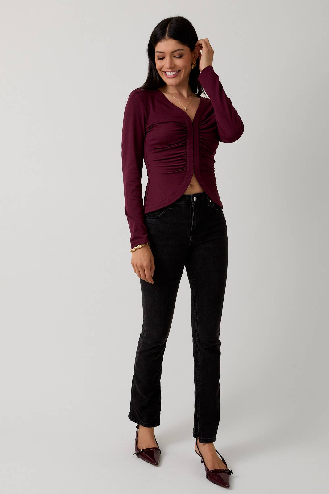 Merlot Front Hook & Eye Knit Top