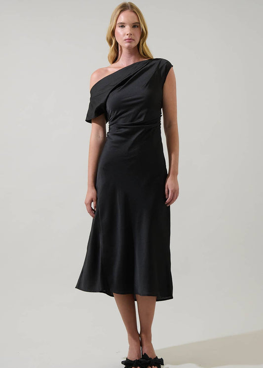 Rizzo Satin Off The Shoulder Midi Dress