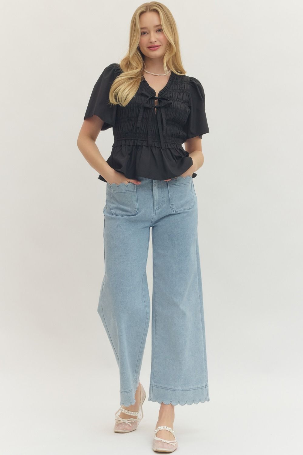 Henrietta Smocked Tie Front Peplum Top