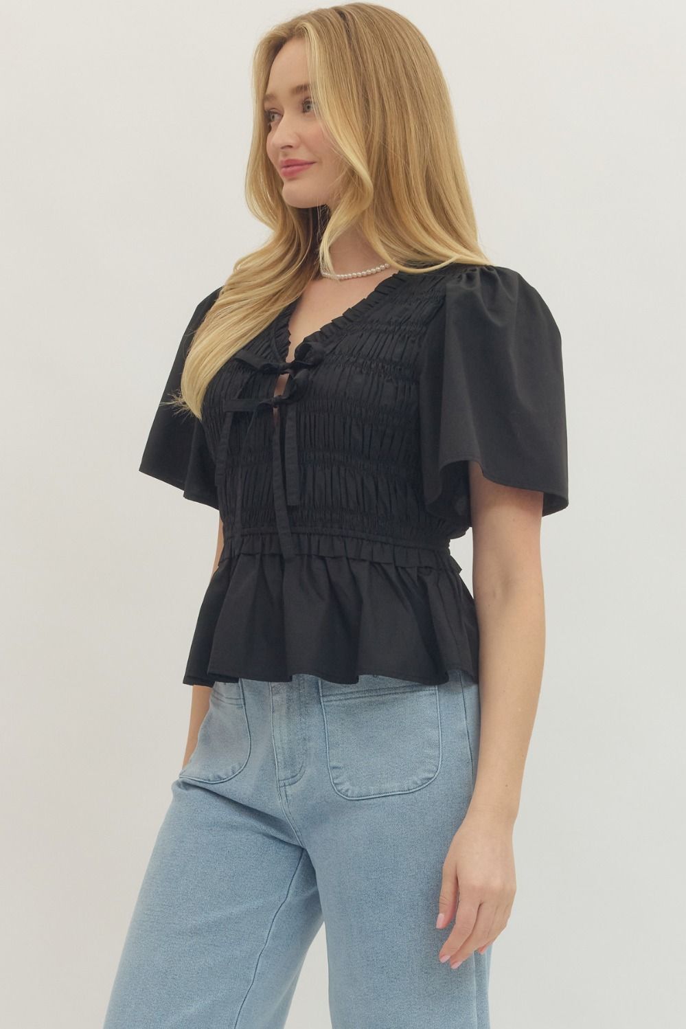 Henrietta Smocked Tie Front Peplum Top