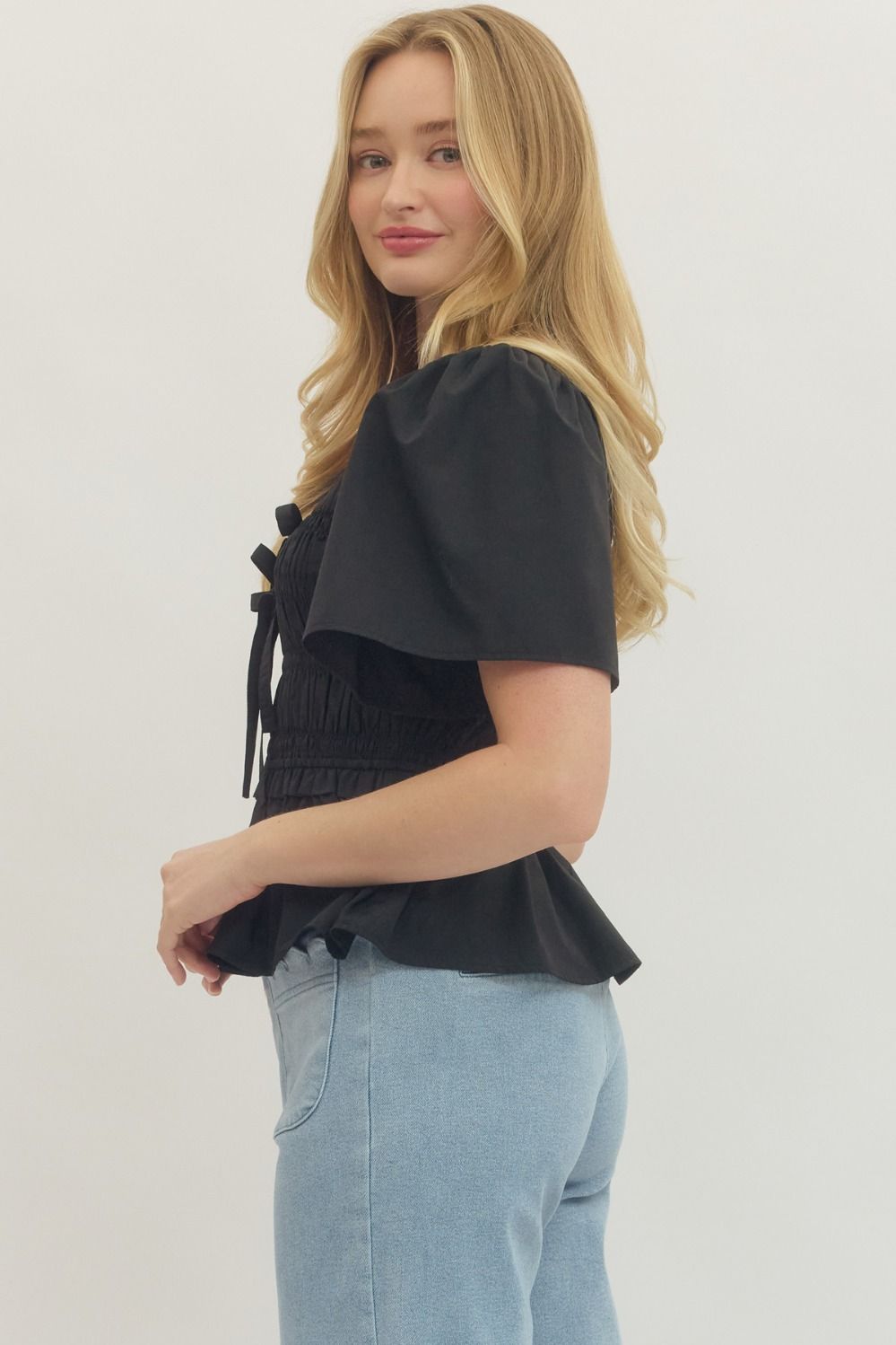 Henrietta Smocked Tie Front Peplum Top