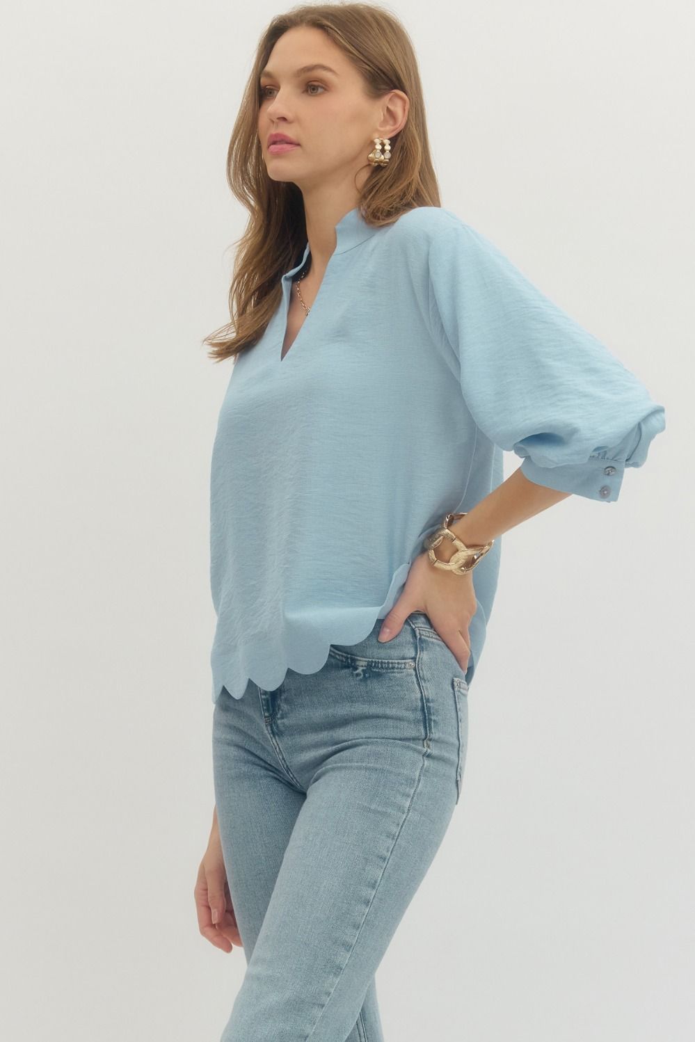 Sky Scalloped Hem Popover Top