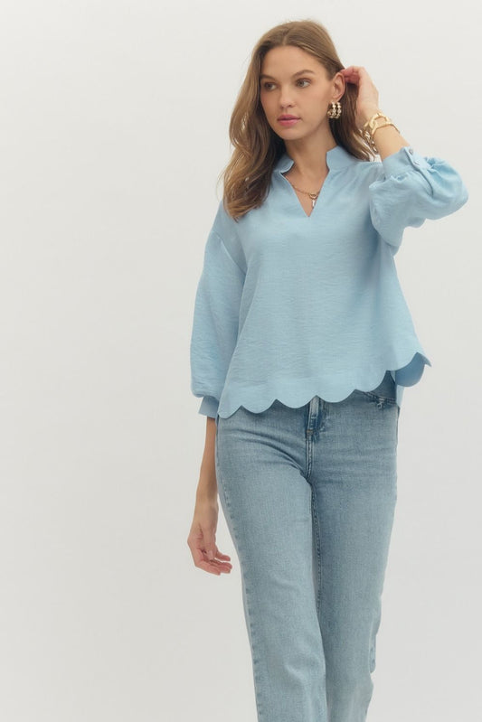 Sky Scalloped Hem Popover Top