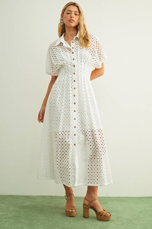 Eyelet Pleated Corset Shirt Dress