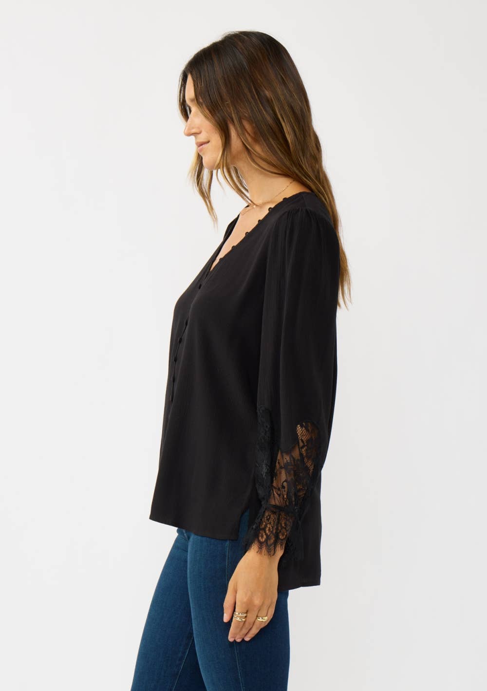 Lace Cuff V-Neck Button Blouse