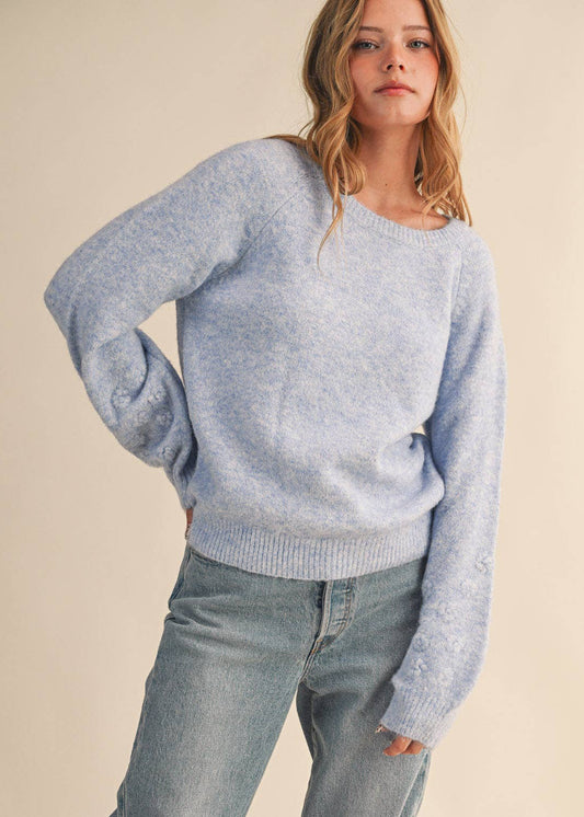 Ice Blue Floral Knit Puff Sweater