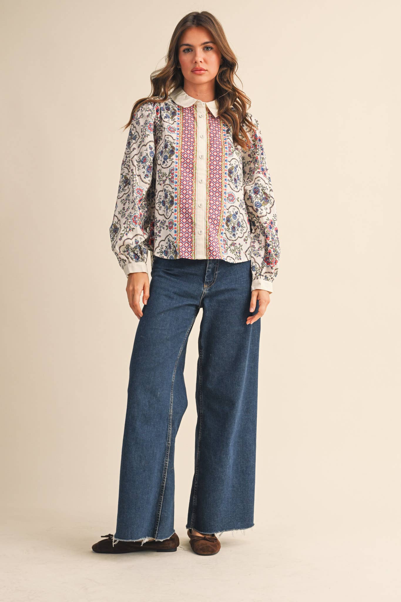 Floral Border Button Up Blouse