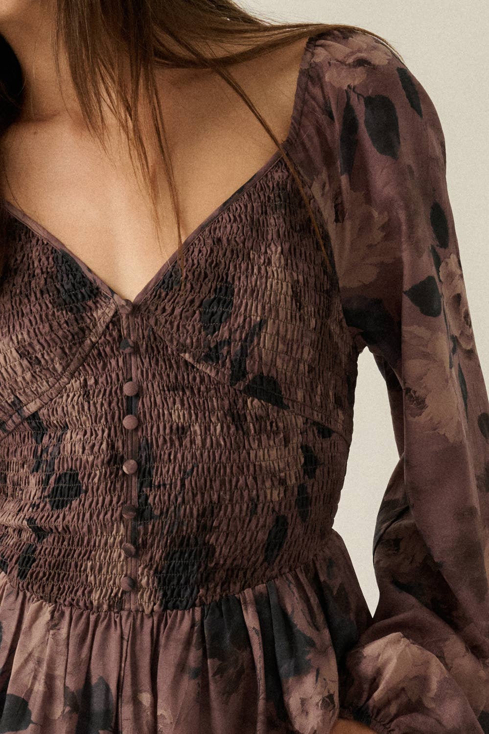 Romantic Brown Blossoms Sweetheart Maxi Dress