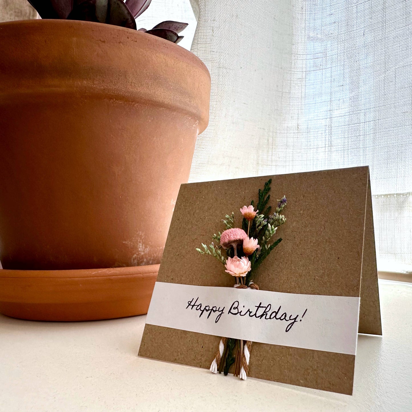 Happy Birthday Mini Pink Dried Floral Bouquet Card