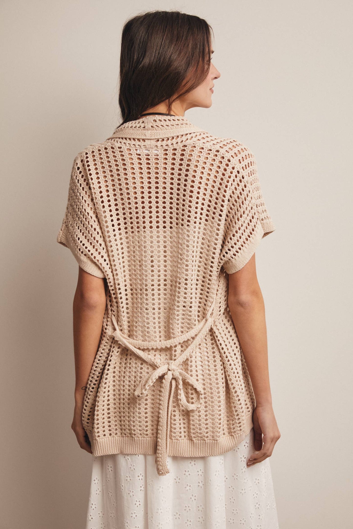 Beige Breeze Open Knit Belted Cardigan
