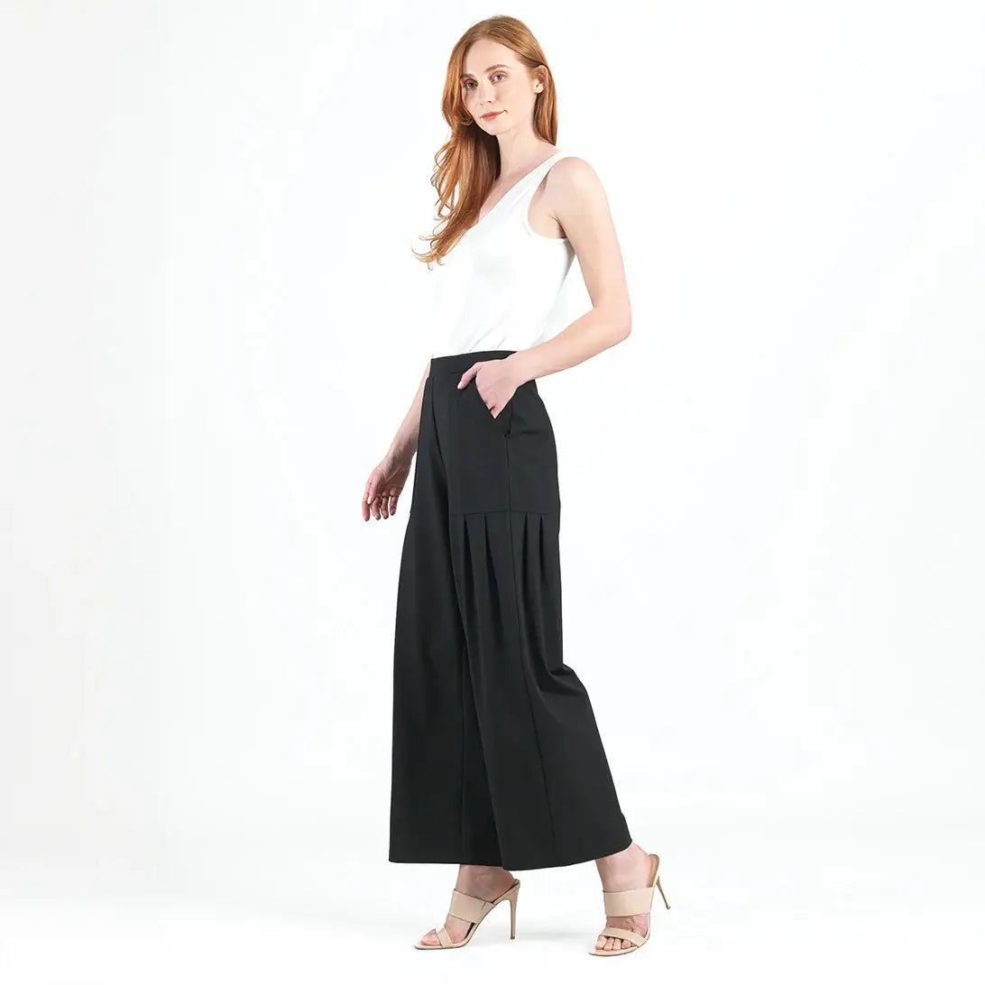 Rayon-Ponte Knit - Pleated Wide Leg Pocket Pant
