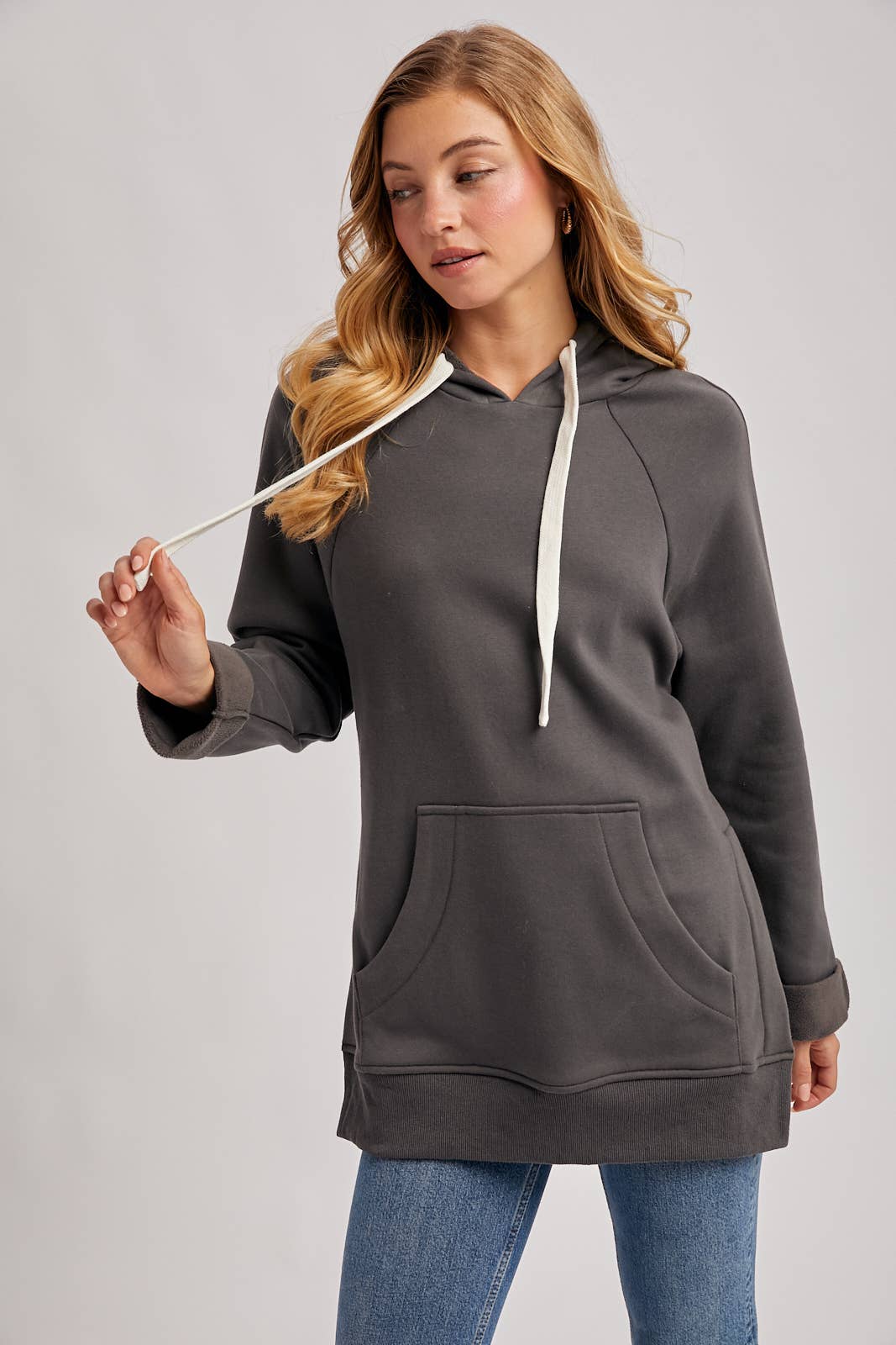 Side Slit Tunic Hooded Sweatshirt - Ash