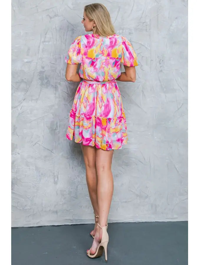 Printed Woven Mini Dress - Yellow & Pink
