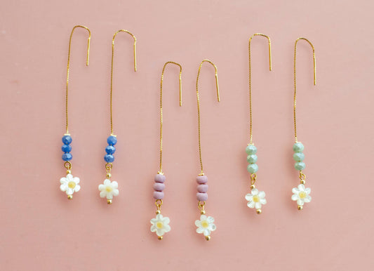 Flower Threader Earrings: Blue