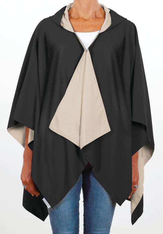 Hooded Black & Camel RAINRAP | Women's Rain Poncho